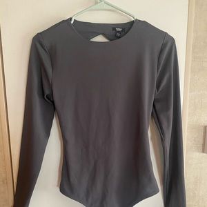 Gray, long sleeve body suit with open back. Small